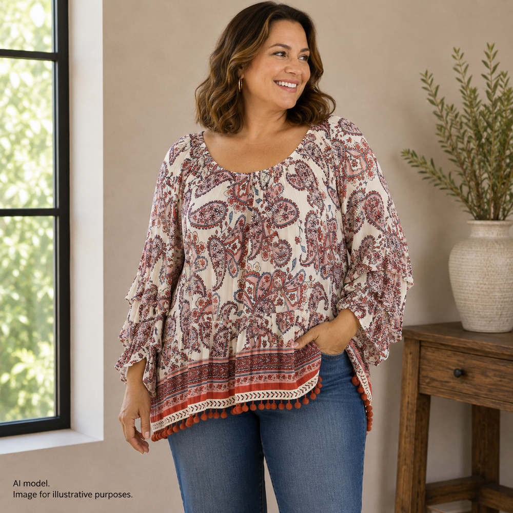 Democracy Shirt Womens 3X Multicolor Paisley Pom Pom Hem Boho Peasant Tunic Top